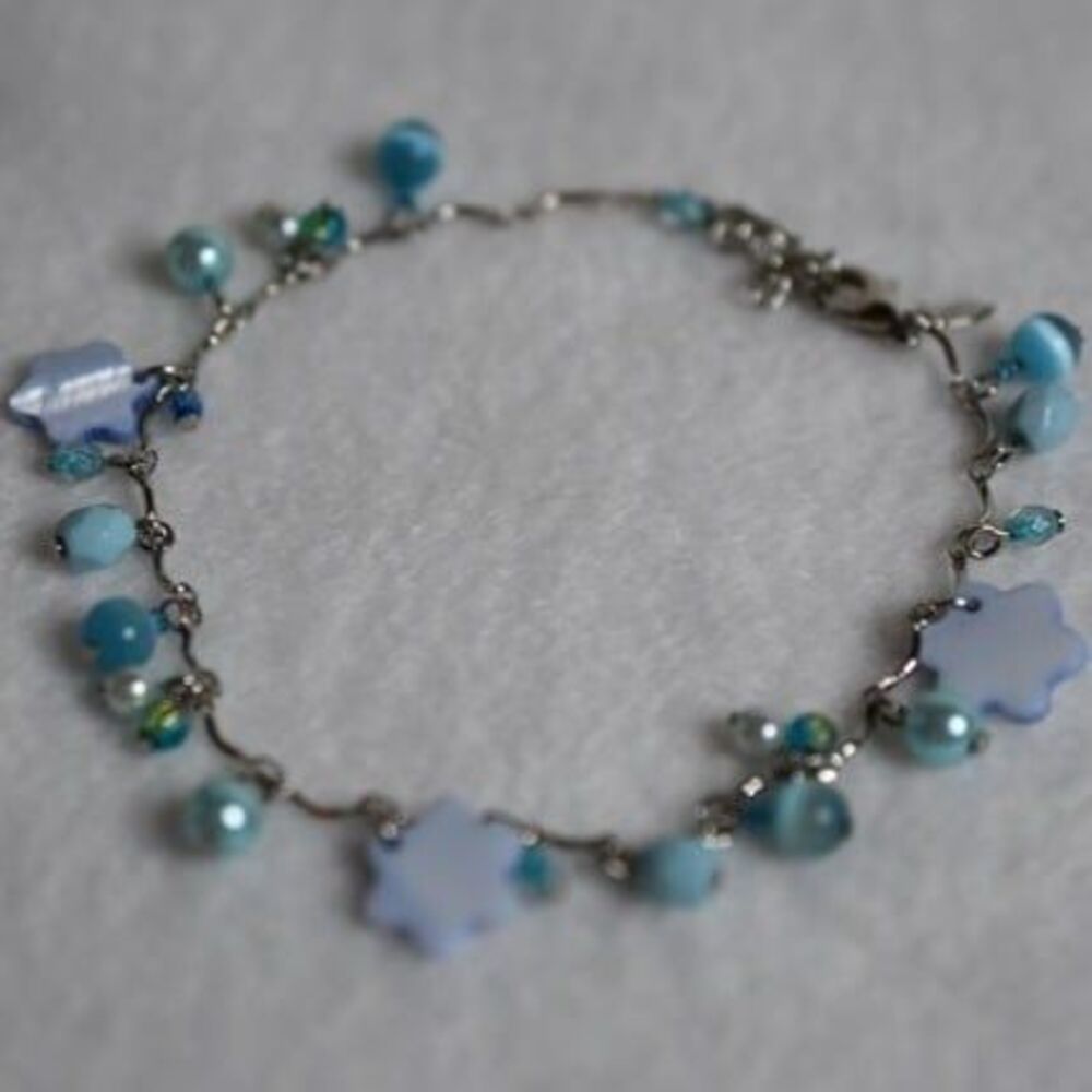 Avon Blue Cat Eye Floral Dangle Beaded Silver Tone Ankle Bracelet Like New